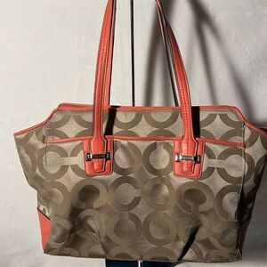 Coach Women's Brown/Tan Op Art Shoulder Bag with Coral Trim